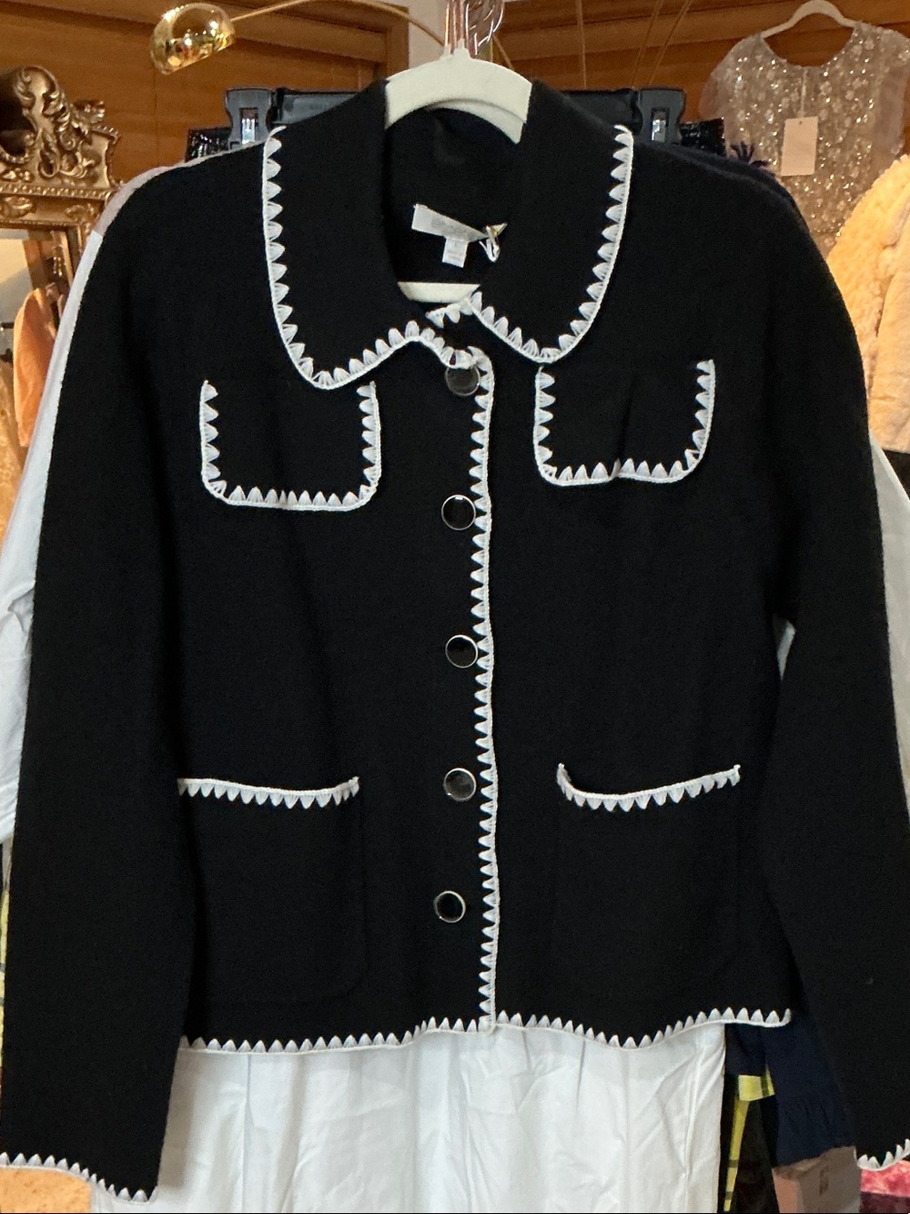 Black Toggle-Button Jacket with White Trim
